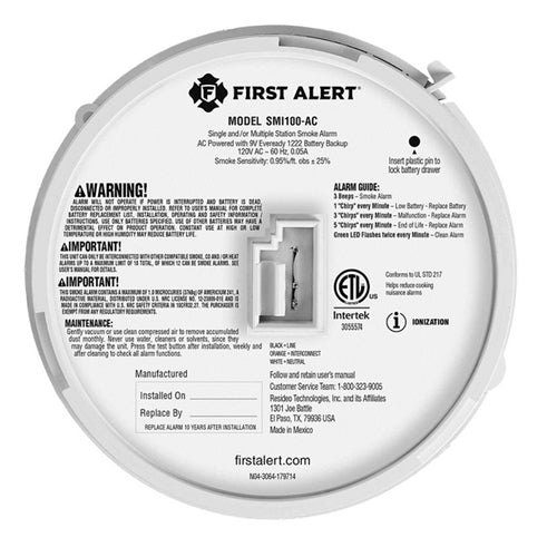 BRK Electronics First Alert SMI100-AC 120V AC/DC Hardwired with 9V Battery Backup Ionization Smoke Alarm