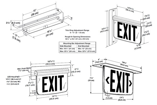 Dual-Lite LECDRCNE Ceiling Mounting Architectural Edge-Lit LED Exit Sign, 120/277V, Double Face, Red Letters, L/R Arrows, Satin Aluminum Finish, Emergency Operation