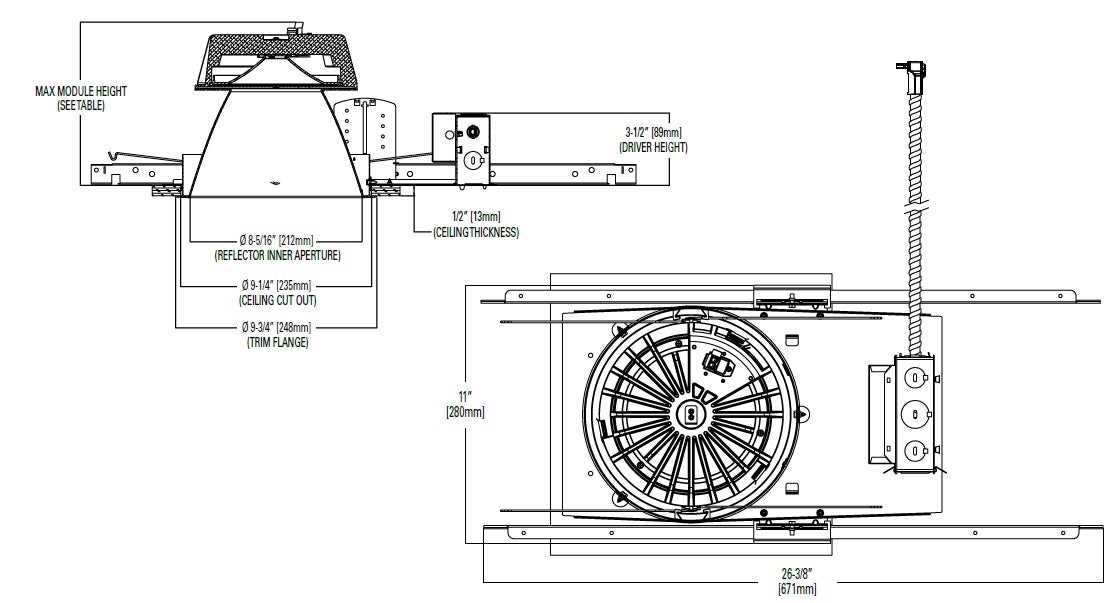 Halo Recessed Commercial 8" LED New Construction and Remodeler Housing, 8000 Lumens, 120-277V, 0-10V, 1-100% Dimming, 7 Watt Emergency Battery Backup