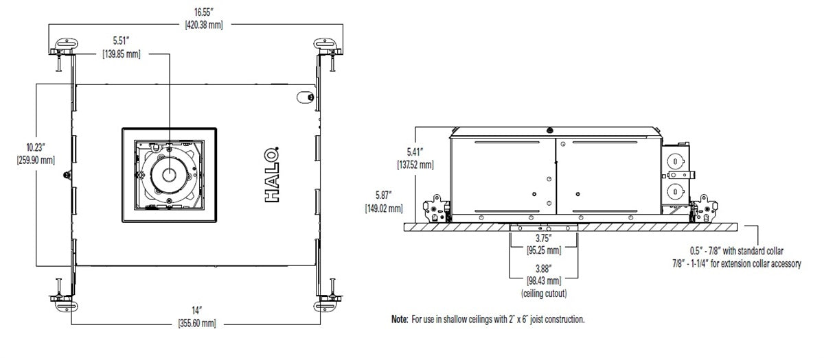 Halo Recessed HL36SA20WFL940ED010ICAT 3" Square Shallow New Construction LED Directional IC Housing, Air Tight, 20W, 55 Degree Beam, 90 CRI, 4000K, 120-277V, Dimmable