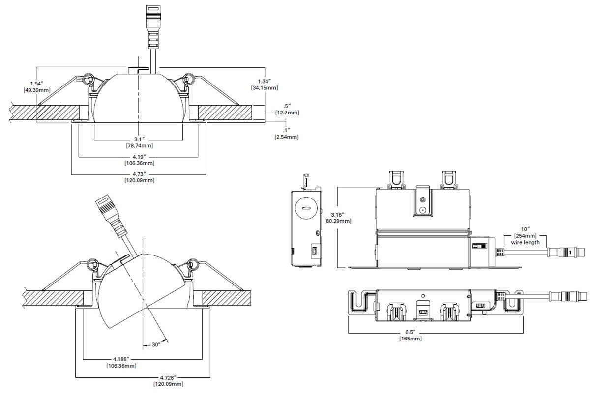 Halo Recessed HLA4S06VWFL9FS1EMWR 4" Square LED Directional with Remote Driver/ Junction Box, 600 Lumens, 80 Degree Very Wide Flood Distribution, 90 CRI, Field Selectable 2700K - 5000K, 120V, LE & TE Phase Cut 5% Dimming, Matte White Flange