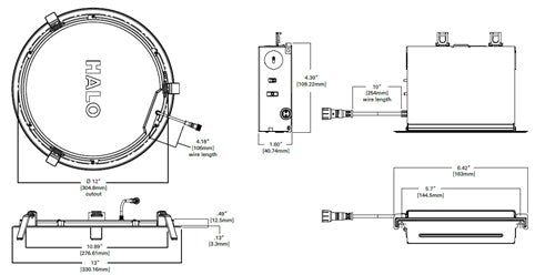 Halo Recessed HLB12LS9FSE010MWR 12" LED Lens Downlight with Remote Driver / Junction Box, Lumen Selectable 1300, 1900, 2300 Lumens, 90 CRI, Field Selectable 2700K, 3000K, 3500K, 4000K or 5000K, Color Temperature, 120-277V, Matte White Flange