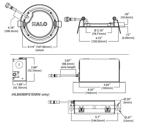 Halo Recessed HLB4069FS1EMWR 4" Round LED Lens Downlight with Remote Driver/ Junction Box, 600 Lumens, 90 CRI, Field Selectable 2700K-5000K, 120V, LE & TE Phase Cut 5% Dimming, Matte White Flange Finish