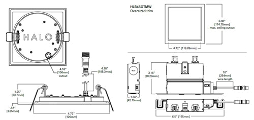 Halo Recessed HLB4SP069301EMWR 4" Square LED Lens Round Ceiling Cutout Downlight with Remote Driver/ Junction Box, 600 Lumens, 90 CRI, 3000K, 120V, LE&TE Phase Cut 5% Dimming, Matte White Flange