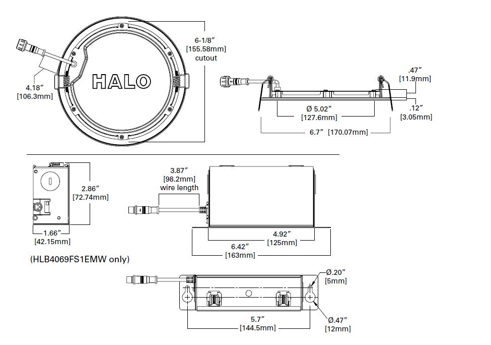 Halo Recessed HLB6099FS1EMWR 6" Round LED Lens Downlight with Remote Driver/ Junction Box, 900 Lumens, 90 CRI, Field Selectable 2700-5000K, 120V, LE & TE Phase Cut 5% Dimming, Matte White Flange Finish
