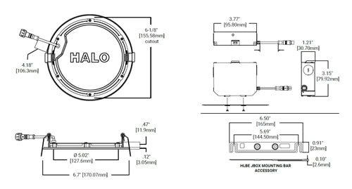 Halo Recessed HLB6LSFS5 6" Round Slim Canless LED Downlight, Selectable 800/1000/1200 Lumens, 90 CRI, Field-Selectable CCT 2700/3000/3500/4000/5000K, 5% Phase Cut LE/TE Dimming, 120V 60Hz, Matte White