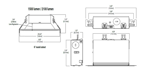 Halo Recessed LCR621RD9FSE020 6" Round Canless LED Downlight, 2100 Lumens, Round, 90 CRI, Field Selectable CCT 2700K/3000K/3500K/4000K/5000K/6500K, 120-277V, Dual Dim with 0-10V and Phase Cut Options for 100% to 5% Dimming