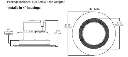 Halo Recessed LT4069FS1EWHR 4" LED Retrofit Module with Baffle, 600 Lumens, 90 CRI, 2700K, 3000K, 3500K, 4000K, 5000K Selectable CCT, 120V 60Hz, LE & TE Phase Cut 10% Dimming, Matte White