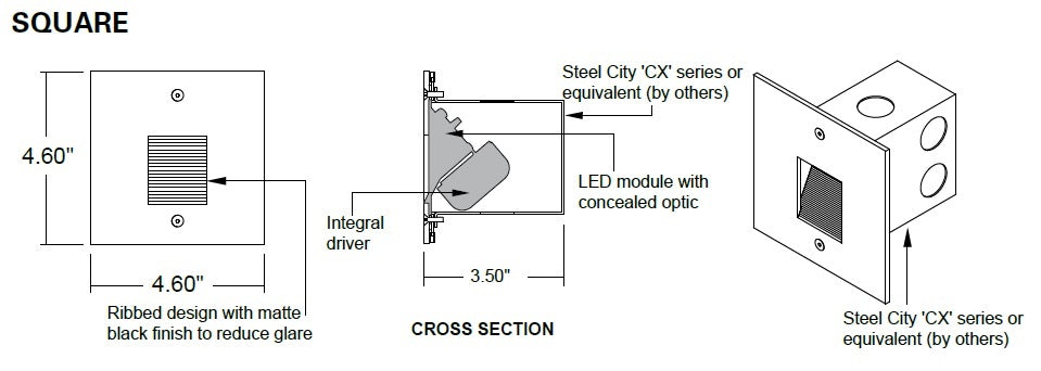 Hydrel HSL11 SQ LED 30K MVOLT M MIN5 PSS LED Square Step Light, 3000K Color Temperature, 120-277V, Medium Throw Distribution, Dimming Driver, Polished Stainless Steel