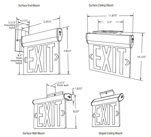 Isolite EUG-AC-R-1C-MTEB 2W Universal Surface Mount Edge-lit LED Exit Sign, AC Only, Red Illlumination, Single Face, Clear Background Face, Top/End/Back Mount