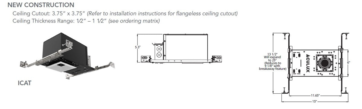Juno Aculux INIT3SQ D 08LM 30K 90CRI 50D FPC 120 ICAT Recessed Lighting 3" Square IC New Construction Housing, 800 Lumens, 3000K, 90 CRI, 50 Degree Beam, Phase Cut Dimming & 0-10V, 120V