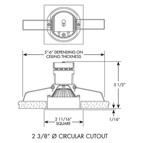 Juno MG1LG2 SQ 03LM 27K 90CRI FL SN Recessed Lighting 2-11/16" Mini LED Gimbal Square Downlight, 2700K, 90 CRI, Flood Beam Spread, Satin Nickel Finish
