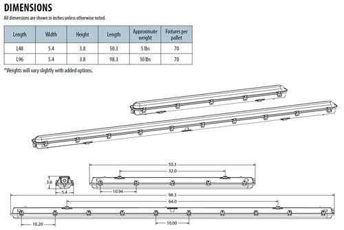 Lithonia CSVT L48 6000LM MVOLT 40K 80CRI IE7WCPHE 48" Linear LED Vapor Tight Fixture, 6000 Lumens, 4000K, 120-277V, 80 CRI with battery back up