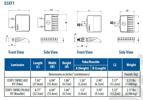 Lithonia ESXF1 ALO SWW2 KY DDB M2 LED Floodlight, Adjustable 1500 Lumens, 3000 Lumens, 5000 Lumens Output, Switchable 3000K, 4000K, 5000K Color Temperature, Dusk-to-Dawn Operation PE, 120-277V, 80 CRI, Knuckle & Yoke Mounting
