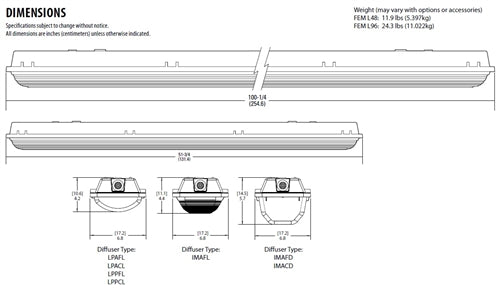 Lithonia FEM L48 4L MVOLT 48" LED Low-Profile Enclosed and Gasketed Industrial Light, 4000 Lumens, Acrylic Low Profile Frosted Lens, Medium Distribution, 120-277V, 0-10V Dimming, 4000K, 80CRI