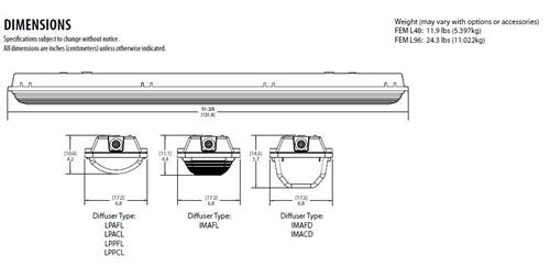 Lithonia FEM L48 3000LM IMAFL MD MVOLT GZ10 30K 90CRI STSL SBOR10 P BAA 48" LED Industrial Light, 3000 Lumens, Acrylic Lens, Med Dist, 120-277V, 0-10V Dim, 3000K, 90 CRI, Stainless Steel Latches, 360 Deg Low Mount Sensor, BAA Compliant