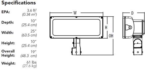 Lithonia HLF1 LED P1 30K SP 277 YKC62 DBLXD 166W High Lumen LED Floodlight, 3000K Color Temperature, Spot Distribution, 277V, Yoke with 16-3 SO Cord Mounting, Black Finish