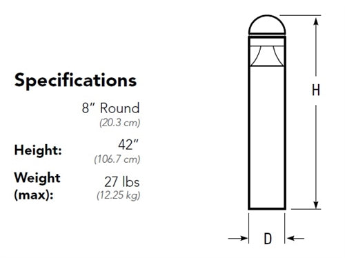 Lithonia KBA8 LED 12C 350 50K ASY MVOLT DDBXD L/AB 8" Round Architectural LED Bollard, 12 LEDs, 350mA, 5000K Color Temperature, Asymmetric Distribution, 120-277V, Dark Bronze Finish, without Anchor Bolt