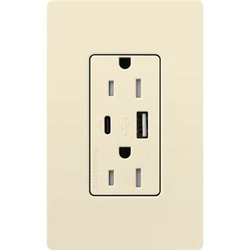 Lutron CAR-15-ACTR-AL 15A Dual Type A and C USB Receptacle, Tamper Resistant in Almond