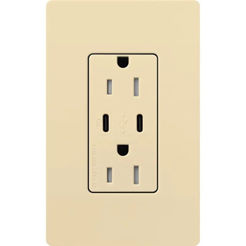 Lutron CAR-15-CCTR-IV Claro 15A Dual Type USB Type C and C USB Receptacle, Tamper Resistant in Ivory