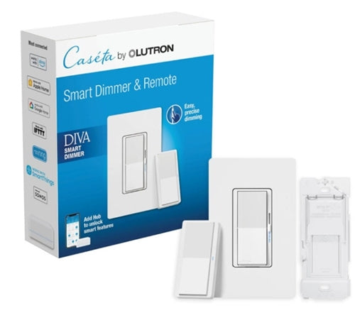 Lutron DVRF-PKG1D-WH Diva Smart Dimmer Light Switch 3-Way Kit for Caseta Smart Lighting, w/Plate, Pico Remote, Wallmount Bracket, and Label Stickers, No Neutral Required