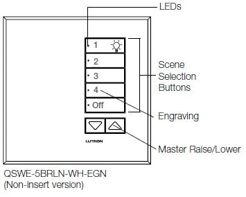 Lutron QSWE-5BRLN-SC seeTouch QS Wallstation 5-Button Wallstation with Raise/Lower for Grafik Eye QS System, Non Insert Style in Satin Chrome Unengraved