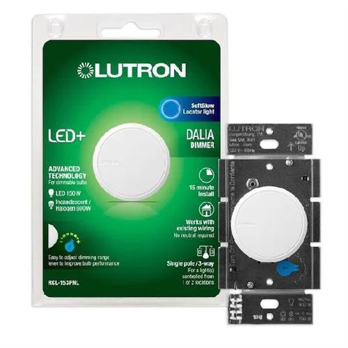 Lutron RCL-153PNLH-WH Dalia LED+ 600W Incandescent 150W CFL or LED Single-Pole/3-Way Rotary Light Dimmer in White