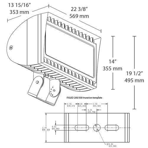 RAB FXLED300TNB55/480/PCT4 300W Trunnion Mount LED Floodlight, 4000K (Neutral), 480V Button Photocell, 30250 Lumens, 82 CRI, 480V, 5H x 5V Beam Distribution, Standard Operation, DLC Listed, Bronze Finish