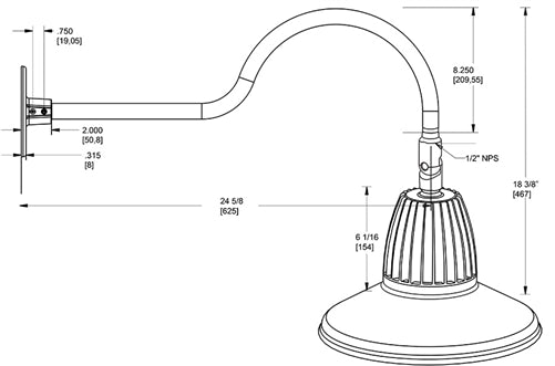 RAB GN1LED26YST11S 26W LED Gooseneck Straight Shade with 24" Goose Arm, 3000K (Warm), Flood Reflector, 11" Straight Shade, Silver Finish