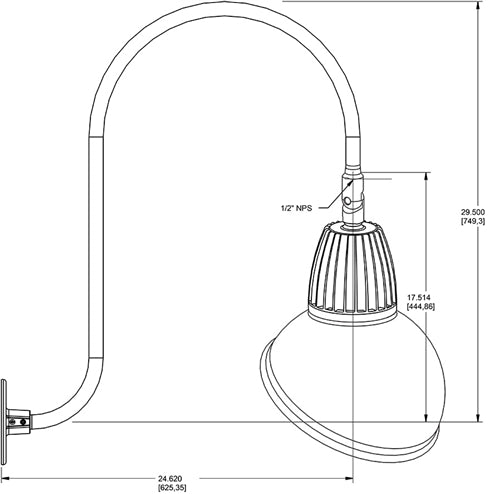 RAB GN3LED26YSADS 26W LED Gooseneck Dome Shade with Upcurve 30" High, 25" from Wall Goose Arm, 3000K (Warm), Spot Reflector, 15" Angled Dome Shade, Silver Finish