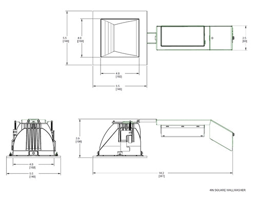 RAB RDLED4S20L-WYN-B-W 4" Square Remodeler LED, 20W, 3500K, 1081 Lumens, 90 CRI, Wall Washer, Lutron Driver, Black Cone and White Trim