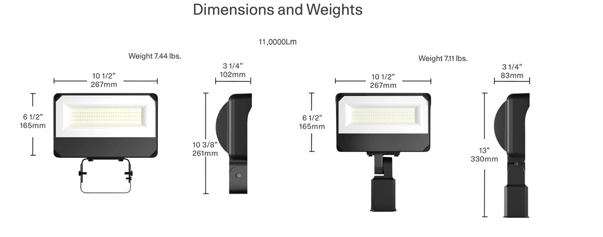 RAB X34-100LSF-830W/U 87W LED Floodlight, 11000 Lumens, 3000K Color Temperature, 80CRI, Slipfitter 120-277V, Dimming, White