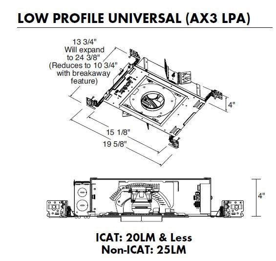 Juno Aculux AX3 LPA 15LM 27K 80CRI 35D EZB MVOLT ICAT Recessed Lighting 3 inch Low Profile IC LED New Construction Adjustable Housing, 1500 Lumens, 2700K Color Temperature, 80 CRI, 35 Degree Flood, eldoLED 0-10V,