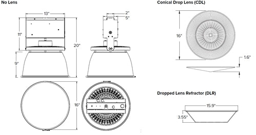 Columbia Lighting UTB2-940-MHHE-EDU-AL16-DLR-GR-C4HL Utilibay LED High Bay, Generation 2, 90 CRI, 4000K, 24000 Lumens, 0-10V Dimming to 10%, 120-277V, Anodized Aluminum 16", Dropped Lens Refractor, Gray, 4' Cord with Hook/Loop