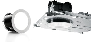 H.E. Williams 4DR-TL-L15/830-DIM1-UNV-OW-OF-CS-N-F1 4.5" LED Downlight, 1500 Lumens, 80 CRI, 3000K, 0-10V 1% Dim, 120-277V, Open Reflector, Wide Dist, 1/2" Standard Flange, Clear Semi-Specular Anodize, Open Pan Mount