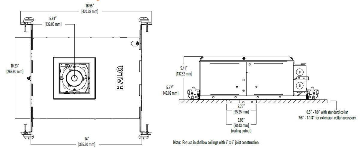 Halo Recessed HL36SA15930ED010ICAT 3" Square Shallow Directional IC New Construction LED Housing, 15W, No Optic, 90 CRI, 3000K Color Temperature, 120V Phase Cut 1% Dimming, 120-277V 0-10V 1% Dimming