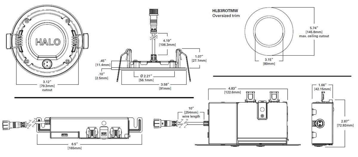 Halo Recessed HLB3059401EMWR 3" Round LED Lens Downlight with Remote Driver/ Junction Box, 500 Lumens, 90 CRI, 4000K, 120V, LE & TE Phase Cut 5% Dimming, Matte White Flange Finish