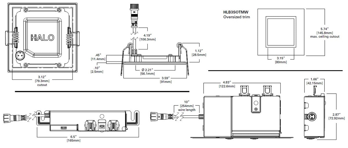 Halo Recessed HLB3S059271EMWR 3" Square LED Lens Downlight with Remote Driver/ Junction Box, 500 Lumens, 90 CRI, 2700K, 120V, LE & TE Phase Cut 5% Dimming, Matte White Flange Finish