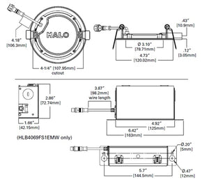 Halo Recessed HLB4069FS1EMWR 4" Round LED Lens Downlight with Remote Driver/ Junction Box, 600 Lumens, 90 CRI, Field Selectable 2700K-5000K, 120V,  LE & TE Phase Cut 5% Dimming, Matte White Flange Finish