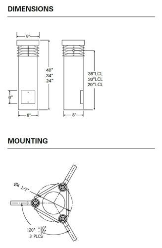 Hydrel 3120C H42 8COB 50K MVOLT SYM LP BZ 40" LED Louvered Round Bollard Flat Top, 8COB Lamp Type, 5000K Color Temperature, 120-277V, Symmetrical Distribution, Bronze