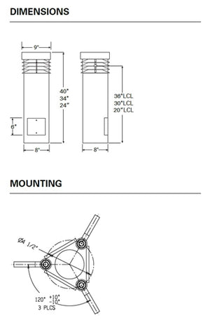 Hydrel 3120C H42 8COB 50K MVOLT SYM LP BZ 40" LED Louvered Round Bollard Flat Top, 8COB Lamp Type, 5000K Color Temperature, 120-277V, Symmetrical Distribution, Bronze