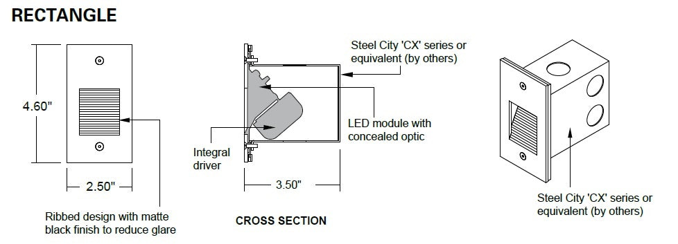 Hydrel HSL11 RECT LED AMBLW MVOLT S MIN5 PSS LED Rectangle Step Light, Amber Limited Wavelength 590 nm, 120-277V, Short Throw Distribution, Dimming Driver, Polished Stainless Steel