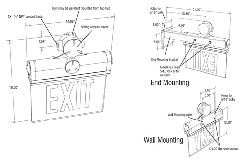 Isolite EXP-AC-R-2W-MB-AB 1.5W Explosion Proof LED Exit Sign, 120-277V, Red Illumination, Double Face, White Background, Back Mount, Double Arrow