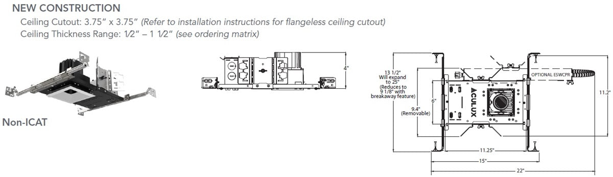 Juno Aculux INIT3SQ D 08LM 35K 80CRI 50D EZ1 MVOLT Recessed Lighting 3" Square  Non IC New Construction Housing, 800 Lumens, 3500K, 80 CRI, 50 Degree Beam, eldoLED 0-10V Dimming, 120-277V
