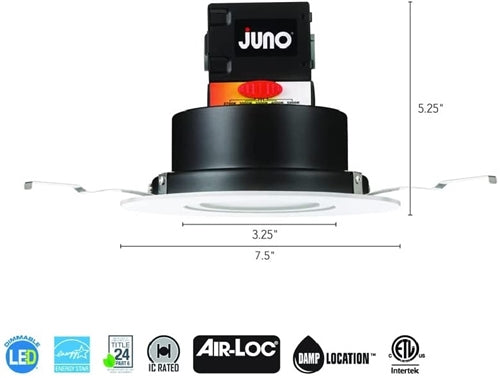 Juno JBK6 ADJ SWW5 90CRI MW M6 6" Round Adjustable Direct-Wire Canless LED Recessed Downlight, Switchable White (2700K, 3000K, 3500K, 4000K, 5000K), 90 CRI, Matte White, 6 Pack