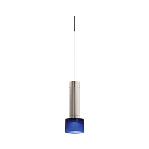 Juno TLPL1783SNBLUWH Trac 12 Decorative LED Mini-Pendant 6W 12V, Cylinder Pendant with 78" Cord, 3000K Color Temperature, Satin Nickel Body, White Adapter with Blue Glass