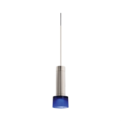 Juno TQJPL11442SNBLUSTN Trac-Master Decorative LED Mini-Pendant 6W 12V, Cylinder Pendant with 144 inch Cord, 2700K Color Temperature, Satin Nickel Pendant Body, Blue Glass, Satin Nickel Adapter