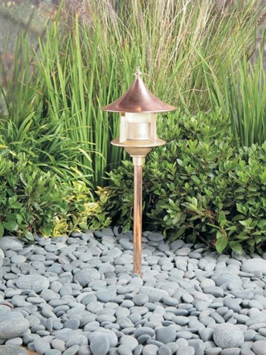 Kim Lighting BN189/3L4KUV/NB/H60NB 8-inch stem LED 120V Brass Traditional Landscape Light, 5.2W, 3 LEDs, 4200K, Copper Pagoda Hood, Natural Finish
