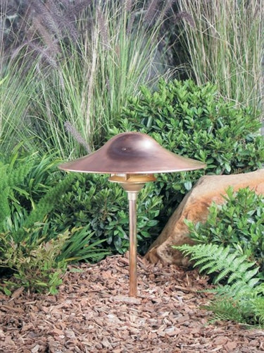 Kim Lighting BN192/3L3KUV/NB/H70NB 13-inch stem LED 120V Brass Traditional Landscape Light, 5.2W, 3 LEDs, 3000K, Copper Mushroom Hood, Natural Finish