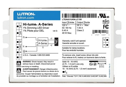 Lutron LTEA4U1UKL-LC150 Hi-lume A-Series Class 2 Constant Current LED Dimming Driver, 1.06A-1.50A, 15V-38V, With Pulse Width Modulation Dimming, UL Listed Compact Case Size